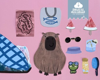 Printable Craft Kit - DIY Paper Toy Template for Kids, Easy Home Activity, Digital Download, Vacation Capybara Paper Toy