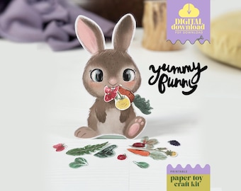 Utskrivbart DIY-kit - Papperspysselleksak "Yummy Bunny", Pedagogiska arbetsblad för förskola, Utskrivbara aktiviteter för hemundervisning