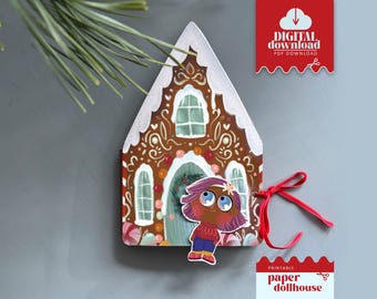 Przytulny domek dla lalek z papieru w kształcie piernika, do druku na Boże Narodzenie (do pobrania w wersji cyfrowej)