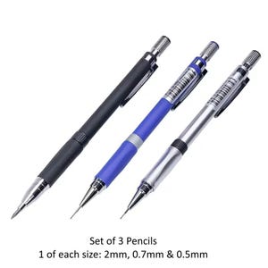 May include: A set of three mechanical pencils in black, blue, and silver. Each pencil has a metal tip and a textured grip. The text at the bottom reads "Set of 3 Pencils" and "1 of each size: 2mm, 0.7mm & 0.5mm."