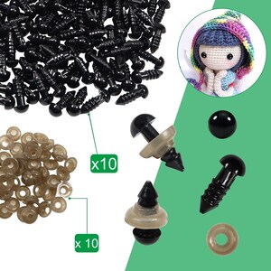 May include: A set of black safety eyes for crafts, with a pack of 10 large eyes and a pack of 10 smaller eyes. The eyes are plastic and have a washer on the back for secure attachment. The image also shows a crocheted doll with the safety eyes attached.