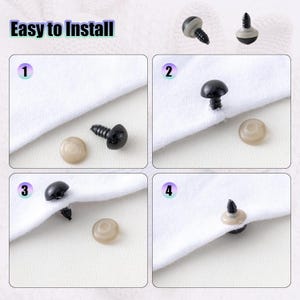 May include: Easy to install instructions for plastic safety eyes with black pupils and a screw back. The instructions show how to attach the eyes to fabric using a washer and screw.