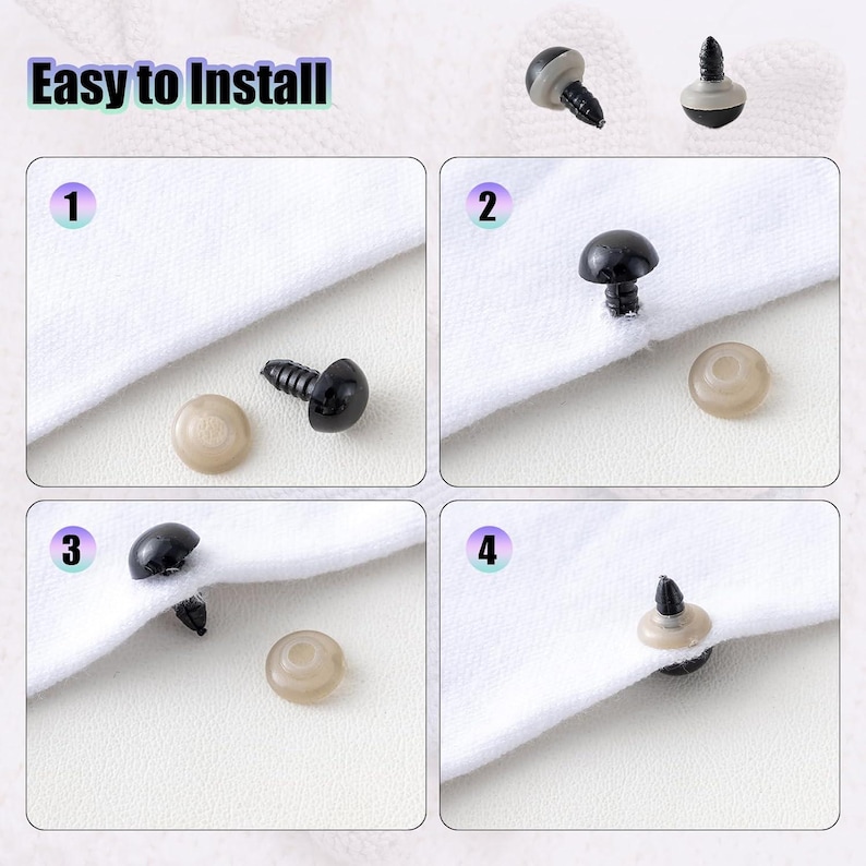 May include: Easy to install instructions for plastic safety eyes with black pupils and a screw back. The instructions show how to attach the eyes to fabric using a washer and screw.