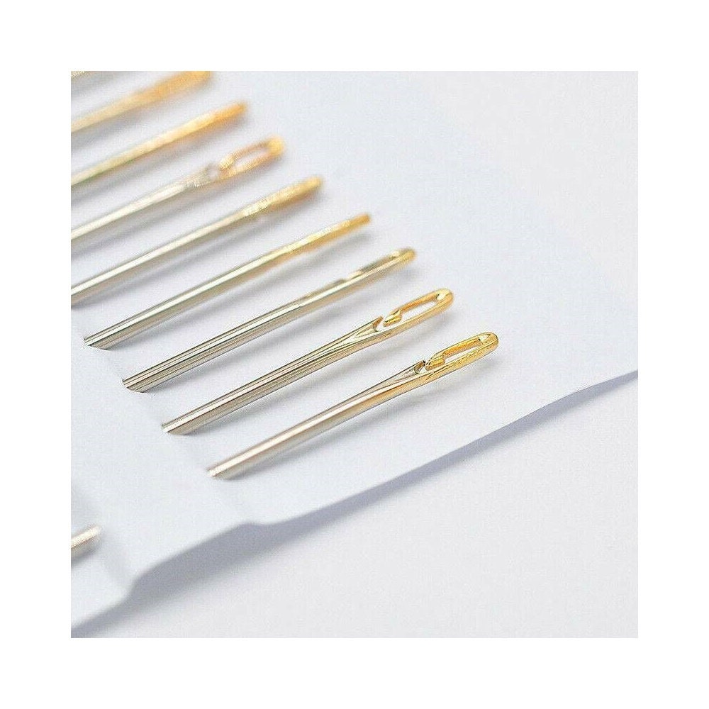 12 X Self Threading Sewing Needles Gold or Silver Eyes 3 Lengths