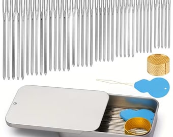 40 x Big Eye Blunt Sewing Darning Needles 8 Sizes Thimble Threader Box