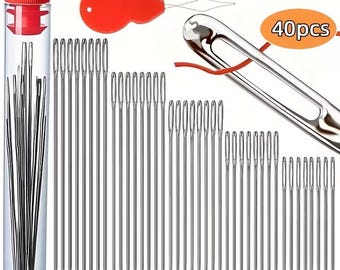 40 x Large Eye Pointed Sewing Needles with Threader and Storage Tube