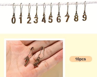 Set of 10 Numbered Metal Locking Stitch Markers Antique Bronze 0 - 9