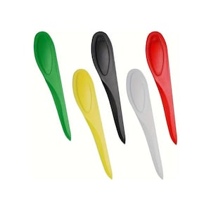 May include: Five plastic letter openers in different colours: green, yellow, black, white, and red. The letter openers are all the same shape, with a rounded top and a pointed tip.