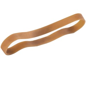 May include: A single, tan rubber band, shown against a white backdrop. The band is a light brown colour and appears to be made of a flexible material. The band is in a loop shape.