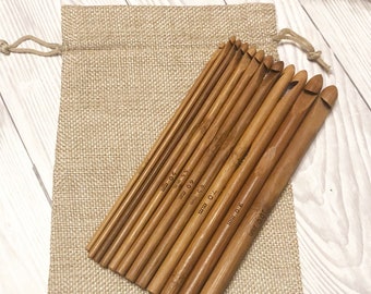 12 Piece Bamboo Wooden Crochet Hook Set Complete with Storage Bag Ideal Gift