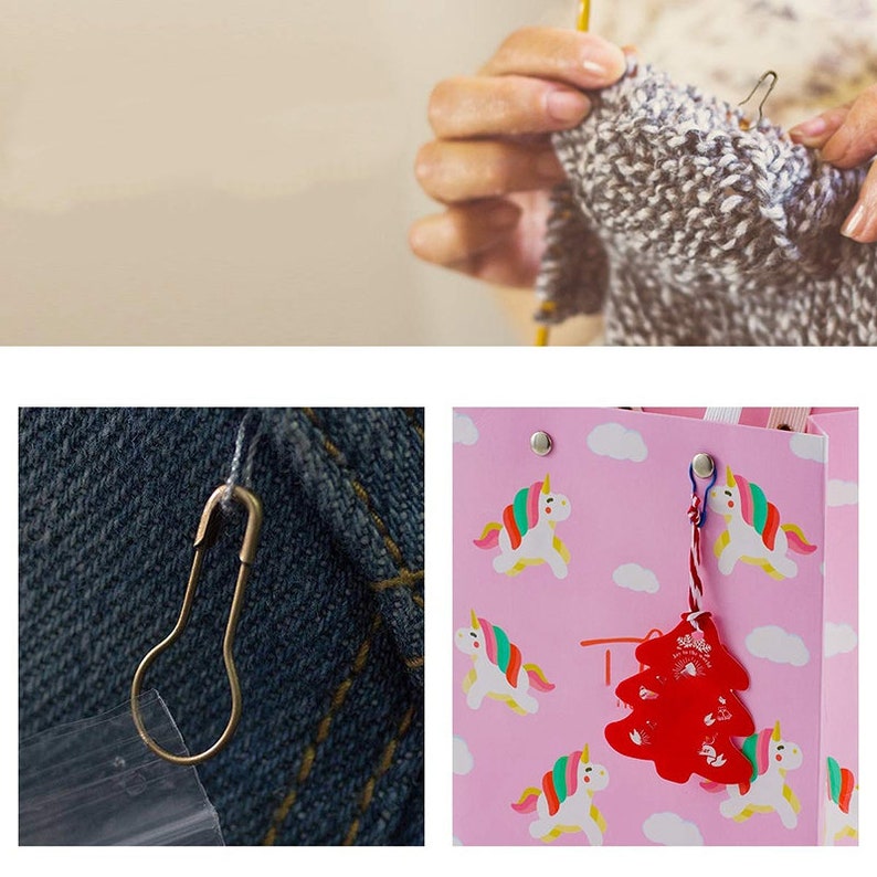 May include: A pink gift bag with a unicorn pattern and a red Christmas tree ornament attached to it. The bag has a white handle and a silver safety pin attached to it.