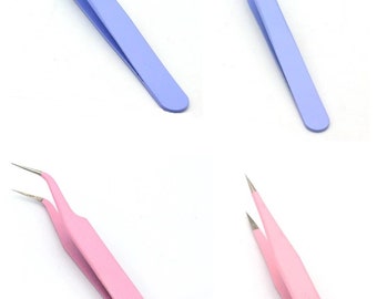 Set 2 Precision Tweezers Stainless Steel Straight Bent Nail Art Jewellery Eye Lash