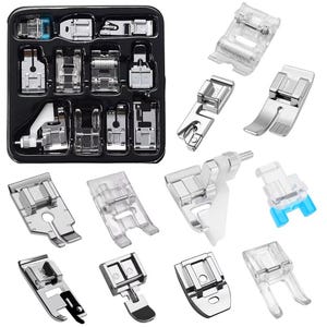 May include: A selection of sewing machine presser feet in different designs. The set includes feet for various sewing tasks, such as inserting zips, creating buttonholes, and decorative stitching. Some feet are clear plastic, others are metal.