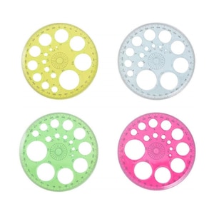 May include: Four plastic protractors with different coloured translucent backgrounds: yellow, light blue, green, and pink. Each protractor has a circle with a centre point and multiple circles of different sizes around it. The protractors are marked with numbers from 0 to 360 degrees.