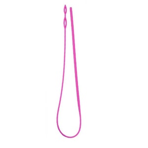 May include: A pink plastic threading tool for crafts. The tool has a long, thin needle with a loop at the top.