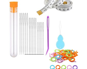 39 pc Sewing Set Long Big Eye Pointed Needles Threader Measure Bent Tip Markers