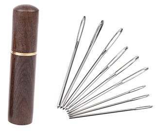 9 x Needle Set Sewing Big Eye BLUNT Embroidery Darning Wooden Storage Pot