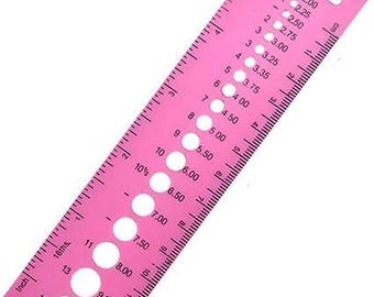Pink Knitting Needle Gauge Size 2mm to 10mm and Ruler Sizing Chart Plastic