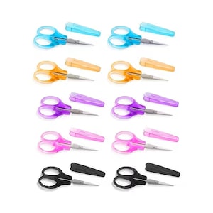 May include: A selection of small scissors in various colours, each with a protective cover. The scissors are in blue, orange, purple, pink, and black. Each pair has a silver blade and a matching coloured handle. The covers are also colour-coordinated.