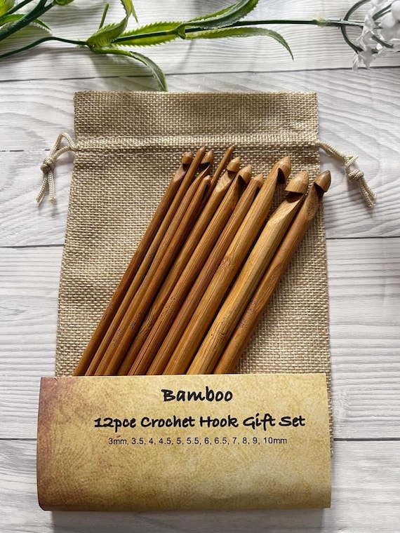 12 Piece Bamboo Wooden Crochet Hook Set Complete with Storage Bag Ideal Gift