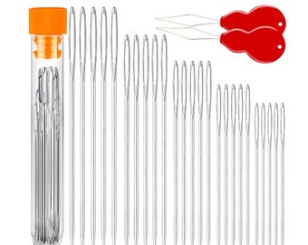 25 x Big Eye Pointed Sewing Needles with Threaders 5 Sizes