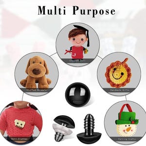 May include: Multi-purpose safety eyes for crafts.  The image shows a variety of crafts including a crochet doll, stuffed animals, handmade gifts, doll clothes, and felting crafts.  The safety eyes are black and come in two sizes.