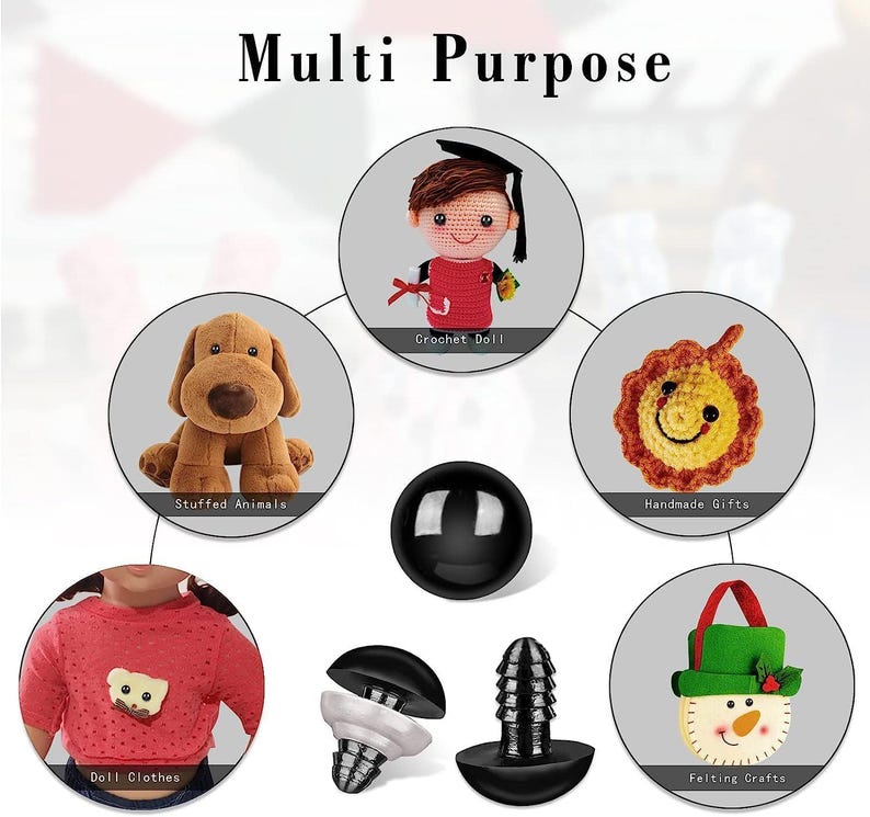 May include: Multi-purpose safety eyes for crafts.  The image shows a variety of crafts including a crochet doll, stuffed animals, handmade gifts, doll clothes, and felting crafts.  The safety eyes are black and come in two sizes.
