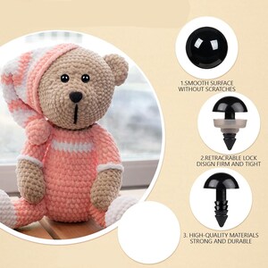 May include: Black plastic safety eyes for stuffed animals. The eyes have a smooth surface, a retractable lock for a firm and tight fit, and are made of high-quality materials.