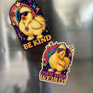 Könnte beinhalten: Zwei Aufkleber mit einem Cartoon-Huhn, das eine Sonnenbrille und eine Peace-Zeichen-Halskette trägt. Einer sagt "BE KIND" und der andere "OWN YOUR WEIRD!". Beide haben einen Regenbogen, Sterne und Blitze.