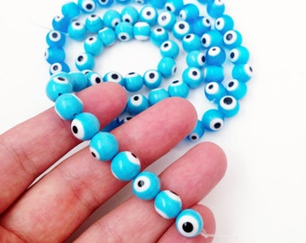 Evil eye round ball beads, glass evil eye beads for bracelet, turkish evil eye, 10mm evil eye, set of 35pcs, lamp work evil eye beads