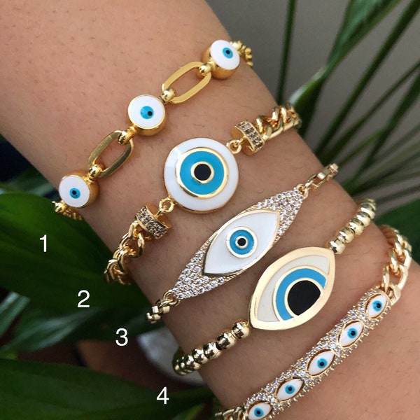 Evil eye bracelet, gold evil eye jewelry, white evil eye charm bracelet, greek evil eye, nazar bracelet, tarnish resistant bracelet