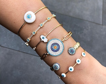 Evil eye armband, zirkoon kwaad oog charme, gouden kwaad oog sieraden, witte hamsa armband, manchet armband, armband armband, bescherming sieraden