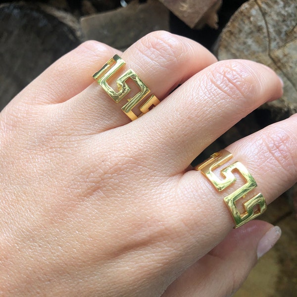 Greek Key Meander Ring, 18k Gold Greek Key Ring, Greek Key Jewelry, Meander Symbol Ring, Adjustable Gold Ring, Ancient Greek Jewelry