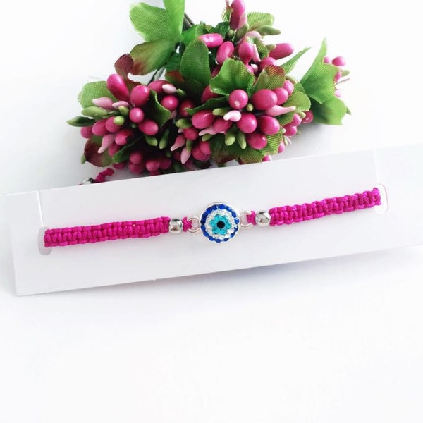 Evil eye bracelet - evil eye jewelry - protection bracelet - pink macrame bracelet - evil eye charm - adjustable bracelet - pink good luck