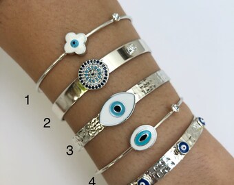 Evil eye bracelet, silver evil eye cuff bracelet set, wholesale bracelet, gift for her, silver bangle bracelet, elegant silver bracelet