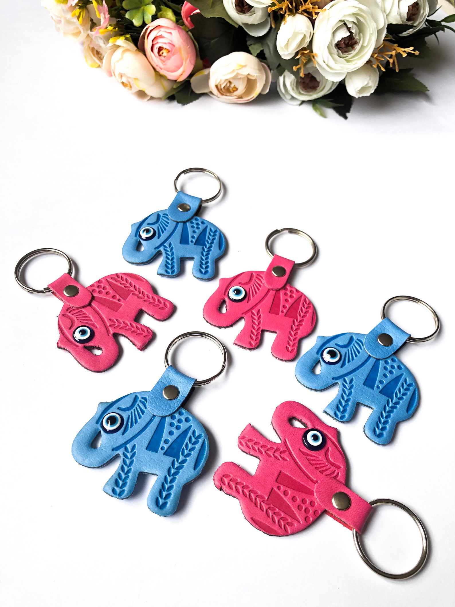 Evil Eye Keychain Blue Elephant Keychain Leather Elephant Etsy