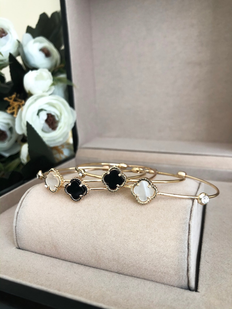 white clover clover charm bracelet black four leaf clover minimalist jewelry clover leaf jewelry Four clover bracelet bangle bracelet