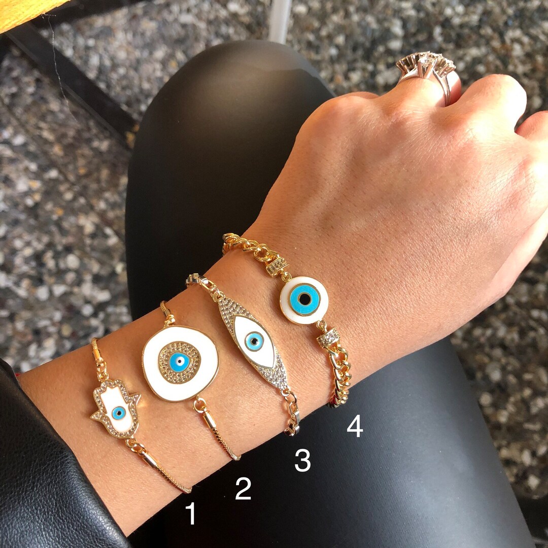 Evil Eye Bracelet, White Evil Eye Bracelet, White Hamsa Charm, Evil Eye