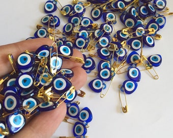 Tiny evil eye safety pins  - 100 pcs - resin evil eye beads - nazar boncuk - turkish evil eye - wedding favors - greek evil eye