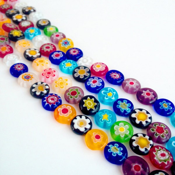 Millefiori flat glass beads - 10mm evil eye beads - flat round multicolor beads - millefiori flower beads - multicolor glass beads - mexican