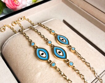 Gold evil eye bracelet, evil eye charm bracelet, adjustable evil eye bracelet, blue evil eye beads, minimalist bracelet, greek evil eye