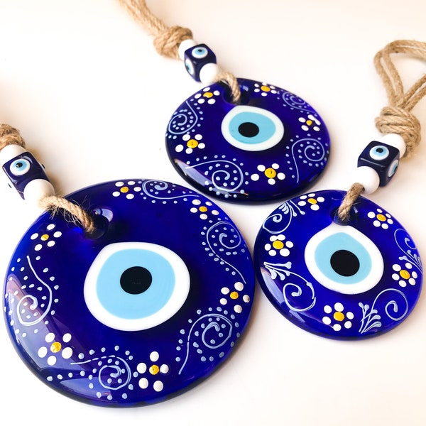 Blue evil eye wall hanging, painted evil eye wall decor, greek evil eye bead, authentic home decor, patterned evil eye, new home protection