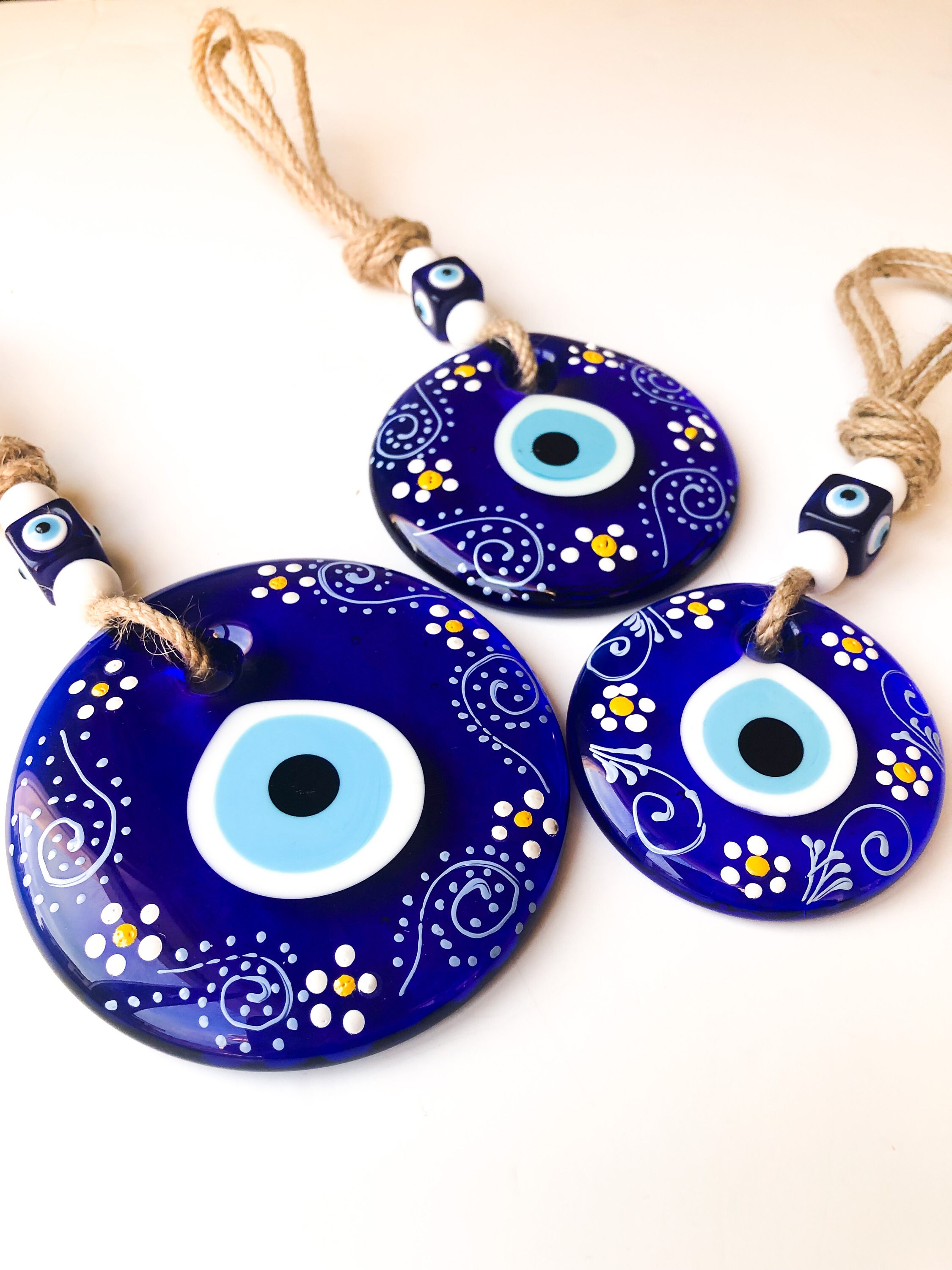 Blue evil eye wall hanging, painted evil eye wall decor, greek evil eye  bead, authentic home decor, patterned evil eye, new home protection