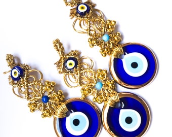 Blue evil eye wall hanging, gold macrame evil eye, gold evil eye, lucky evil eye beads, evil eye charm, turkish evil eye decor, nazar boncuk