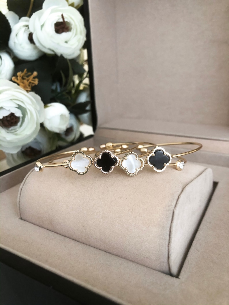 white clover clover charm bracelet black four leaf clover minimalist jewelry clover leaf jewelry Four clover bracelet bangle bracelet