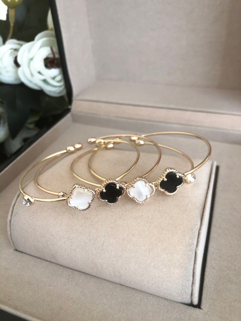 white clover clover charm bracelet black four leaf clover minimalist jewelry clover leaf jewelry Four clover bracelet bangle bracelet