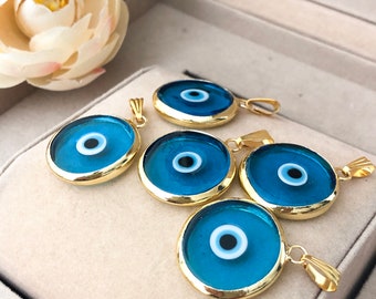 2pcs gold plated evil eye pendant, murano evil eye bead, opaque blue evil eye charm, gold frame pendant, 24K gold nazar evil eye , malocchio