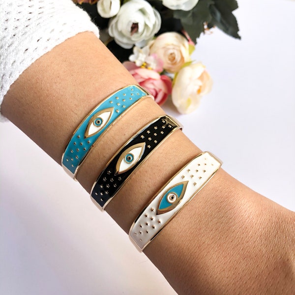 Evil eye bracelet, wide cuff bracelets, blue white black evil eye, evil eye jewelry, stacking bangle, gold evil eye bracelet, women bracelet