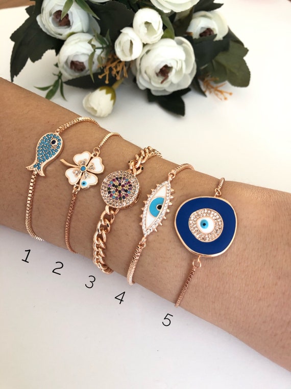 Evil Eye Bracelet Rose Gold Jewelry Blue Fish Charm White