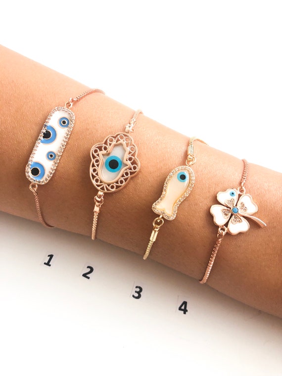 Evil Eye Bracelet Rose Gold Bracelet Hamsa Charm Bracelet Fish